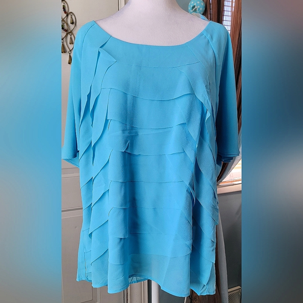 Soft Surroundings Taylor Blouse Women's XL Blue Scalloped Ruffles Flutter Cap Sl
